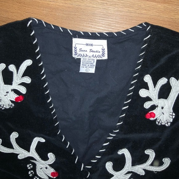 Vintage Sara Studio Reindeer vest Black Velvet Size L - Picture 2 of 4